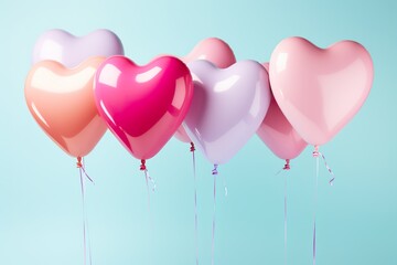 Plakat close up of heart sharp balloons flying in the air, levitation,rainbow palete,white lighting pastel background