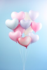 Plakat close up of heart sharp balloons flying in the air, levitation,rainbow palete,white lighting pastel background