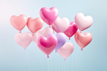Fototapeta na wymiar close up of heart sharp balloons flying in the air, levitation,rainbow palete,white lighting pastel background