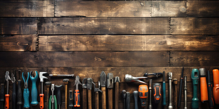 flat lay photography of carpentering tools on top of a rustic working table. rustic style, well lit 3-point lighting.