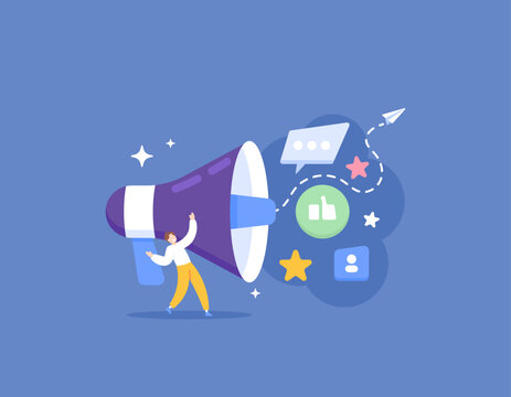 PR or public relations. Media Relations, Publicity, Public Affairs. Marketing Communications. Establish good and harmonious relations with the public through communication. a man and big megaphone