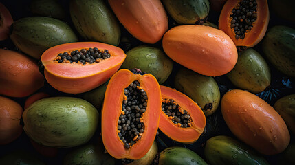 Heap of fresh, ripe papayas with waterdrops