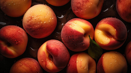 Fresh ripe peaches with waterdrops