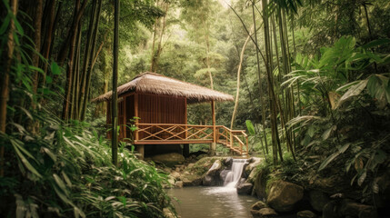 Yoga retreat in bamboo forest by a stream