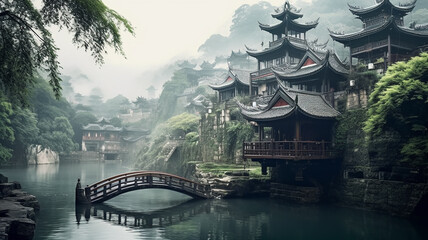 landscape in an ancient Chinese city with waterfalls and mountains. Generative AI