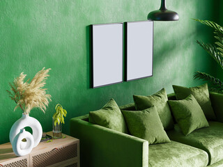 Two empty photo frame mockup hanging on green wall background, Modern and Eco Interior