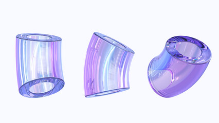 Glass pipes or tubes 3d render icons set. Abstract geometric shapes with hologram gradient texture, crystal rainbow objects, transparent liquid graphic elements isolated on background. 3D illustration