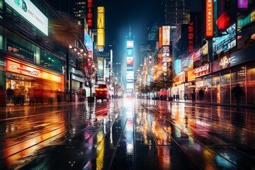 Fototapeta na wymiar Bustling City Street At Night, Generative AI