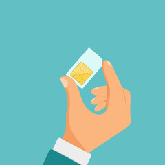 Human holding sim card in hand. Vector illustration cartoon design. Mobile element. Finger closeup, big SIM card.
