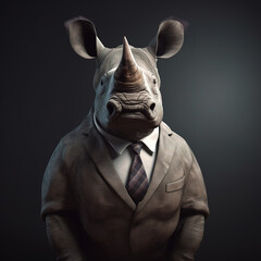 Image of a rhinoceros businessman wearing a suit on clean background. Wildlife Animals. Illustration, generative AI.
