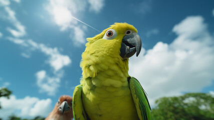 green macaw in outdoor, sky in the background