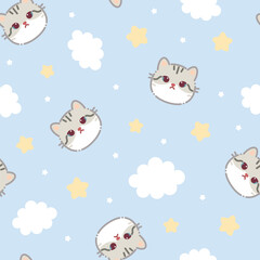 Seamless Pattern. White grey cat face. Cloud star in the sky. Cute cartoon kawaii funny smiling character. Wrapping paper, textile template. Nursery decoration. Blue background. Flat design Vector