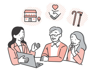 老人ホームを選ぶシニアと紹介するビジネスウーマンの介護士のベクターイラスト素材