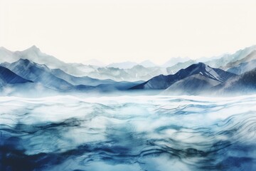 Watercolor waves and mountains in indigo and light blue on white background. Generative AI