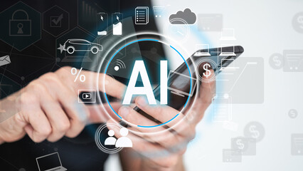 Artificial intelligence AI . Hand touch white tablet with digital hologram Brain sign on light blurred background. Virtual Reality or Artificial Intelligence technology.