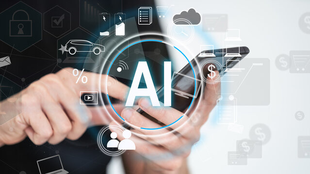 Artificial intelligence AI . Hand touch white tablet with digital hologram Brain sign on light blurred background. Virtual Reality or Artificial Intelligence technology.