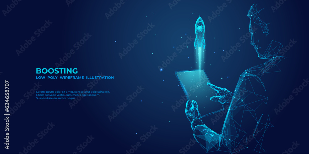 Aufkleber An abstract businessman is holding a tablet with Rocket launching a hologram. Digital Boosting or Start-Up Concept. Futuristic low poly user in technological blue. Vector 3D illustration. 
