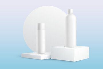 2 cosmetic mock  on white square podiums and 2 squares on light blue background