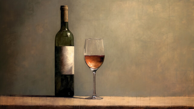 a bottle of wine and a glass of classic oil painting. Generative AI