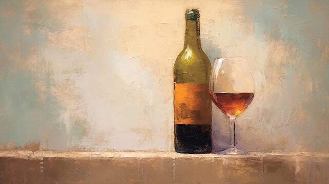 a bottle of wine and a glass of classic oil painting. Generative AI