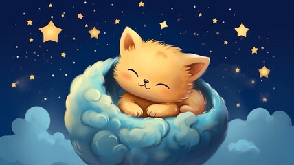 Obraz na płótnie Canvas cute kitten sleeping on a cloud watercolor drawing. Generative AI