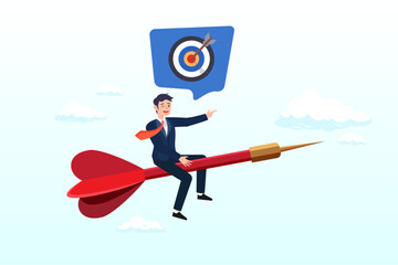 Confidence businessman riding dart aiming for target or goal, determination and strategy to reach target and achieve business success, aspiration and direction to win and victory (Vector)