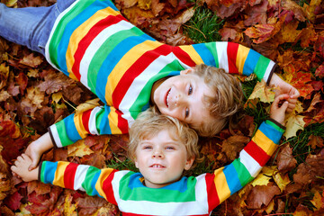 Two Little Twin Kids Boys Lying in Autumn Leaves in Colorful Fashion Clothing. Happy Siblings Having Fun in Autumn Park on a Warm Day. Healthy Children with Blond Hair amidst Maple Foliage