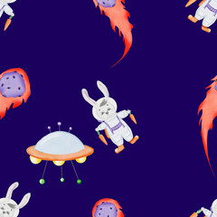 space seamless pattern. cute pattern with cartoon bunny astronaut. comets, spaceship, meteorites, galaxy, planets. pattern for baby textile, scrapbooking, wallpaper