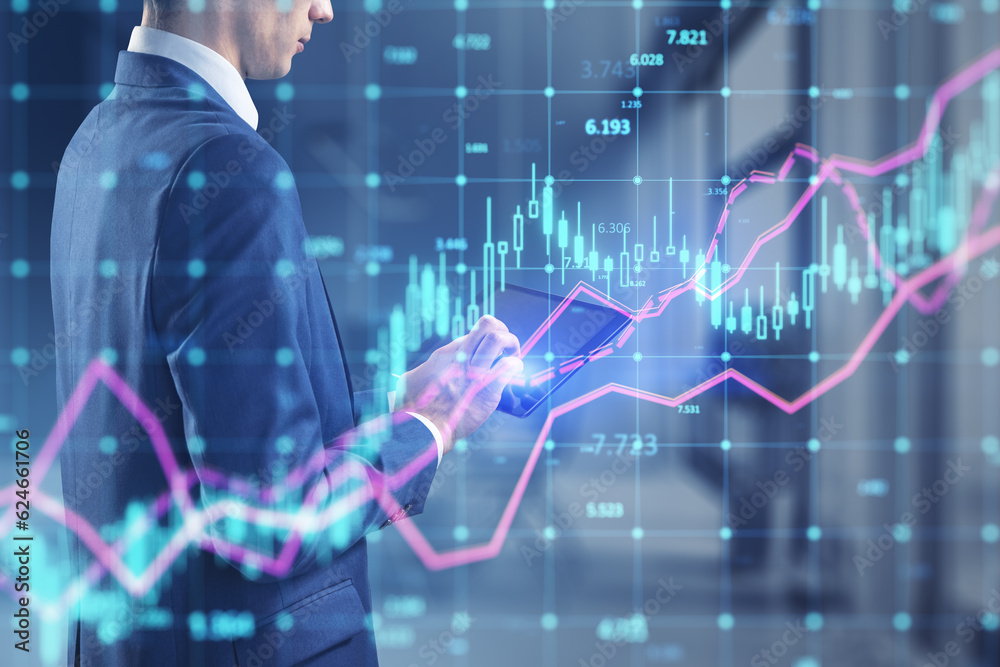 Poster Headless european businessman using tablet with glowing forex index chart with grid on blurry office interior background. Market, finance and online trading concept. Double exposure.
