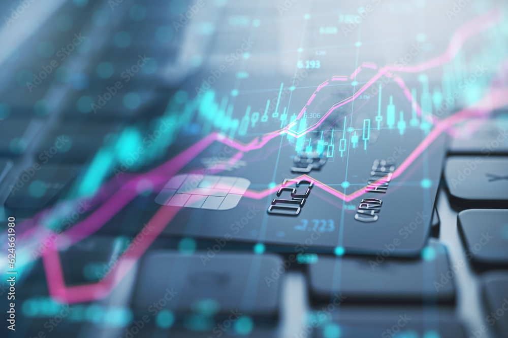 Poster close up of laptop with bank card and glowing forex index chart with grid on blurry backdrop. market