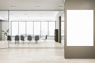 Front view of blank white poster on corridor office wall and modern meeting room on a background, mockup. 3D Rendering