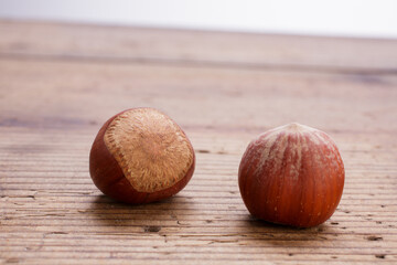 hazelnuts close-up on wooden rustic table