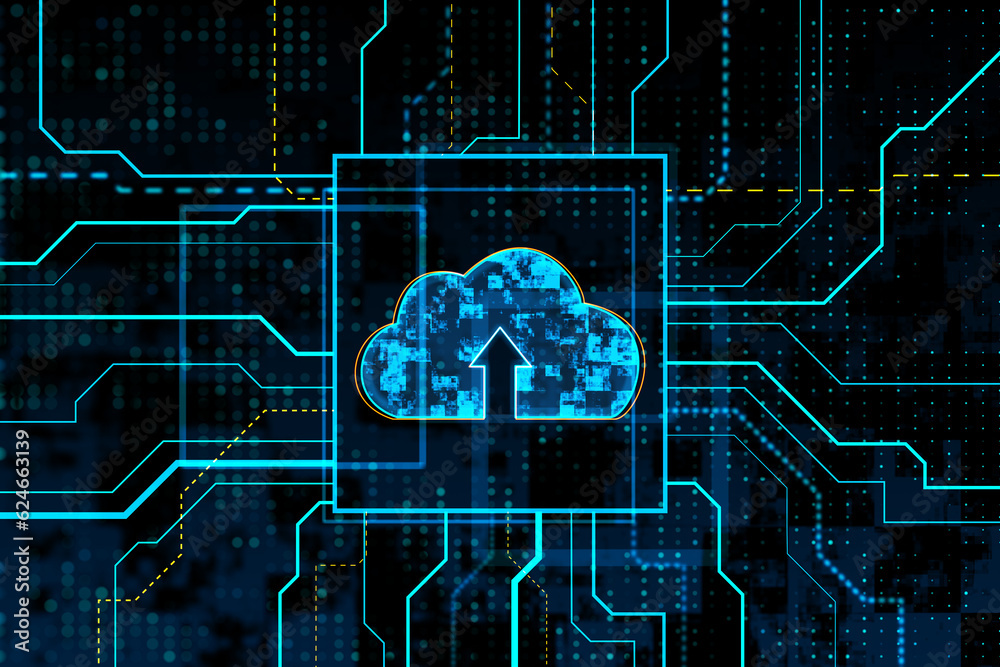 Poster glowing cloud symbol with upward arrow on dark blue circuit background, technology concept. 3d rende