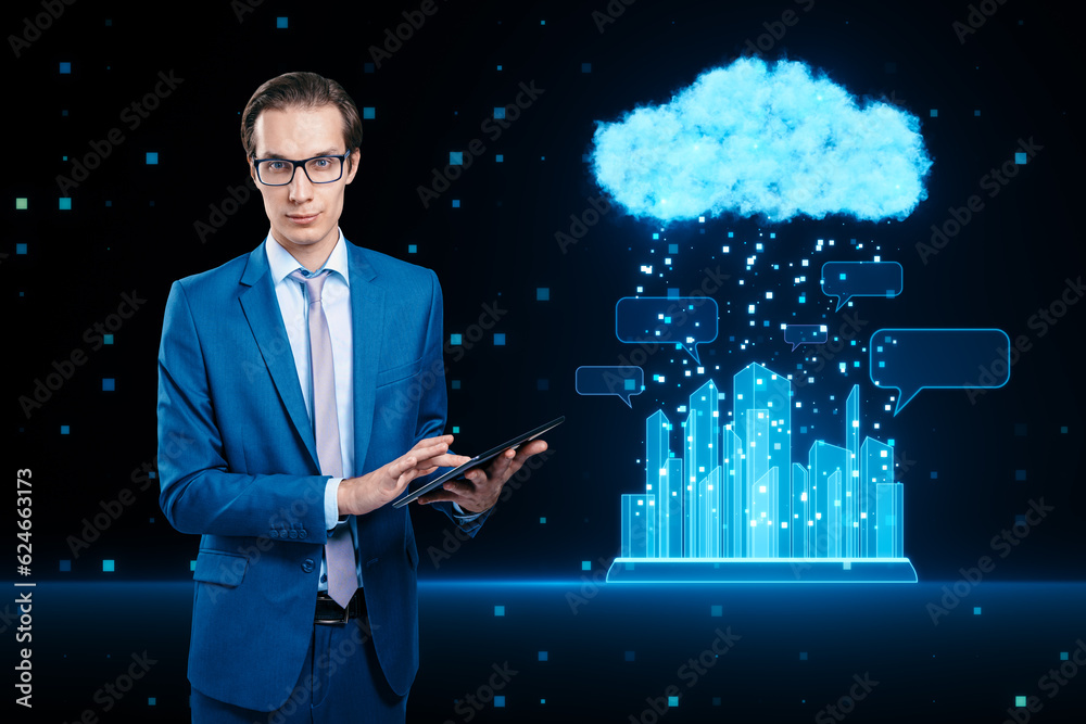 Poster network connection, cloud computing and smart city concept with businessman using digital tablet on 