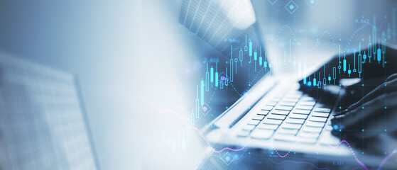Wide image of office workplace with female hands using device and forex chart on creative blurry city backdrop with mock up place. Landing page background, trade and finance concept. Double exposure.