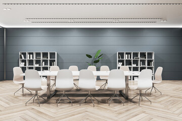 Front view of modern negotiant office room with big working desk and chairs, wooden floor and grey wall. 3D Rendering