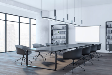 Fototapeta premium Modern meeting room interior with empty white mock up poster, concrete walls, wooden flooring, furniture and equipment. 3D Rendering.