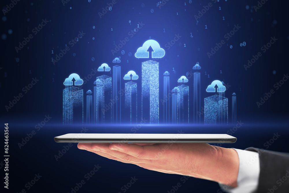 Aufkleber Data storage and cloud computing service concept with blue glowing city skyscrapers visualization with cloud icons above digital tablet in businessman hand on dark background