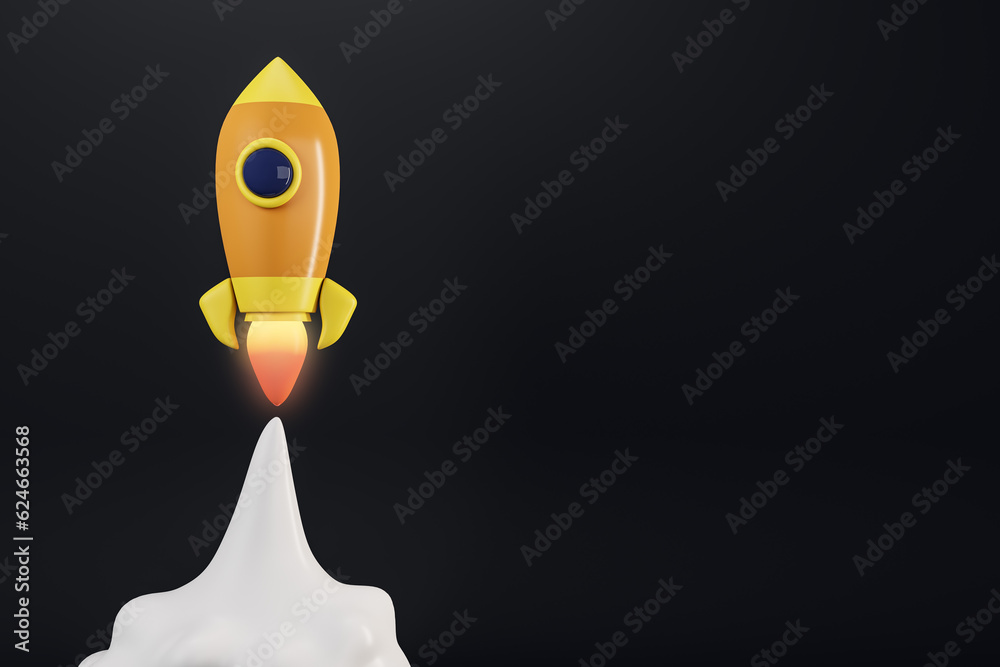 Poster creative cartoon rocket flying on black background with mock up place. start up and new beginning co