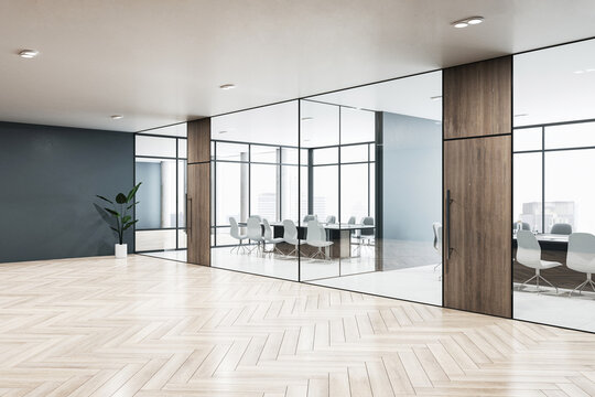Perspective view of modern office hallway with several boardrooms with glass wall, panoramic window, wooden floor and entrance door. 3D Rendering