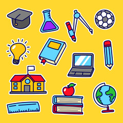 Fototapeta na wymiar Set of school element vectors with a cute design on yellow background. Colorful school doodle