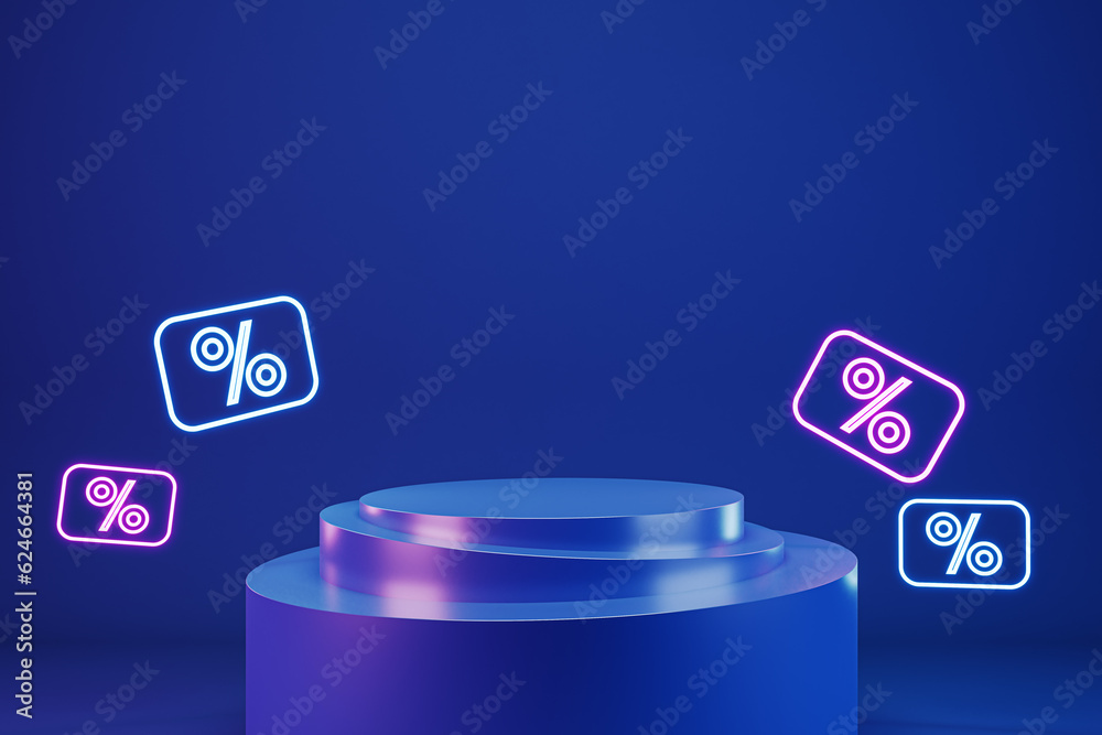 Poster blank bright blue stand for your product presentation surrounded by digital percent symbols meaning 