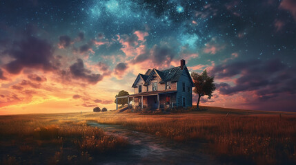 Fototapeta premium landscape panorama lonely house cottage under the starry sky. Generative AI