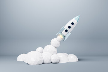 Startup and advertising campaign concept with launched rocket on grey background. 3D Rendering