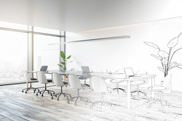 Perspective view of design project of modern conference room with office table and chairs. 3D Rendering - obrazy, fototapety, plakaty