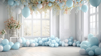 the studio is decorated with balloons blue holiday. Generative AI