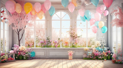 studio window decorated with balls colorful holiday.  Generative AI