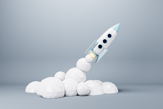 Startup and advertising campaign concept with launched rocket on grey background. 3D Rendering