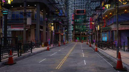 Fototapeta na wymiar Cyberpunk city street at night. Anime background 3D illustration.