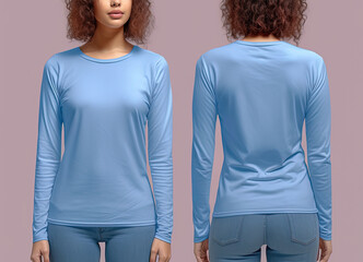 Woman wearing a blue T-shirt with long sleeves. Front and back view